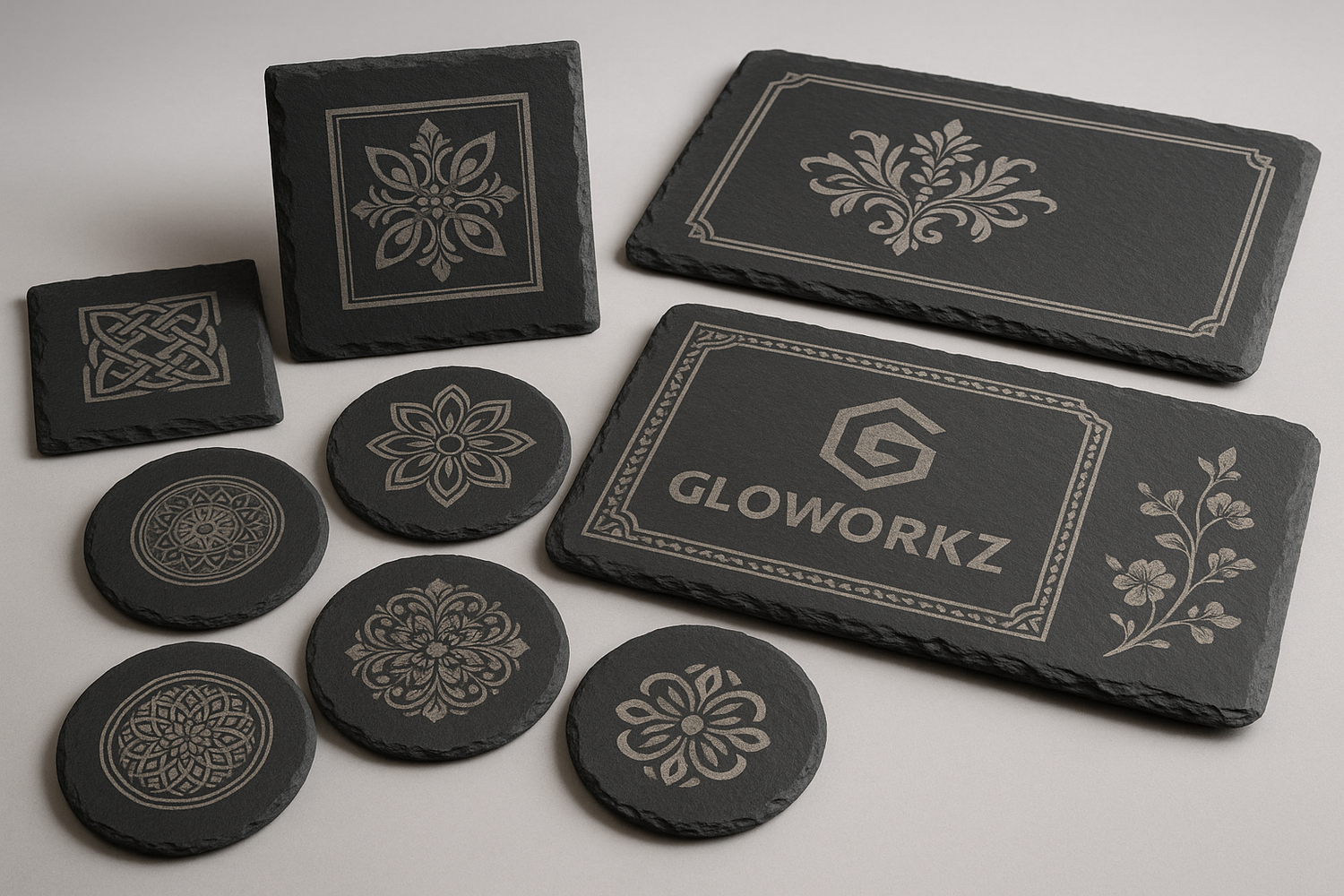 laser crafts by Gloworkz Slate coasters platters and graphics