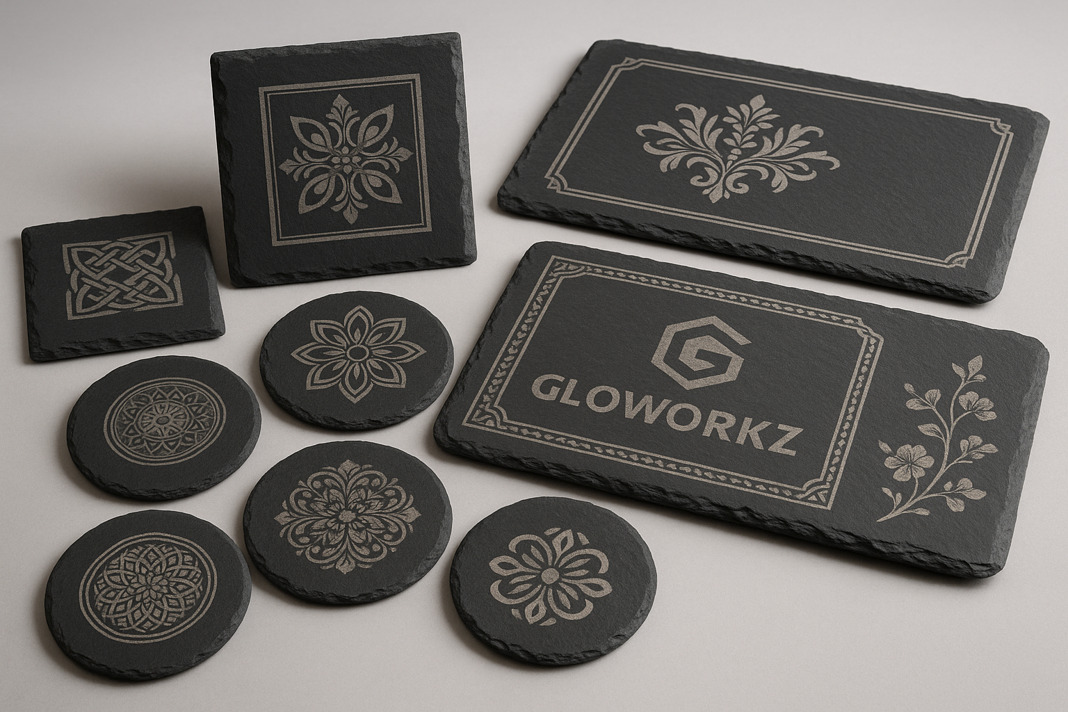 laser crafts by Gloworkz Slate coasters platters and graphics